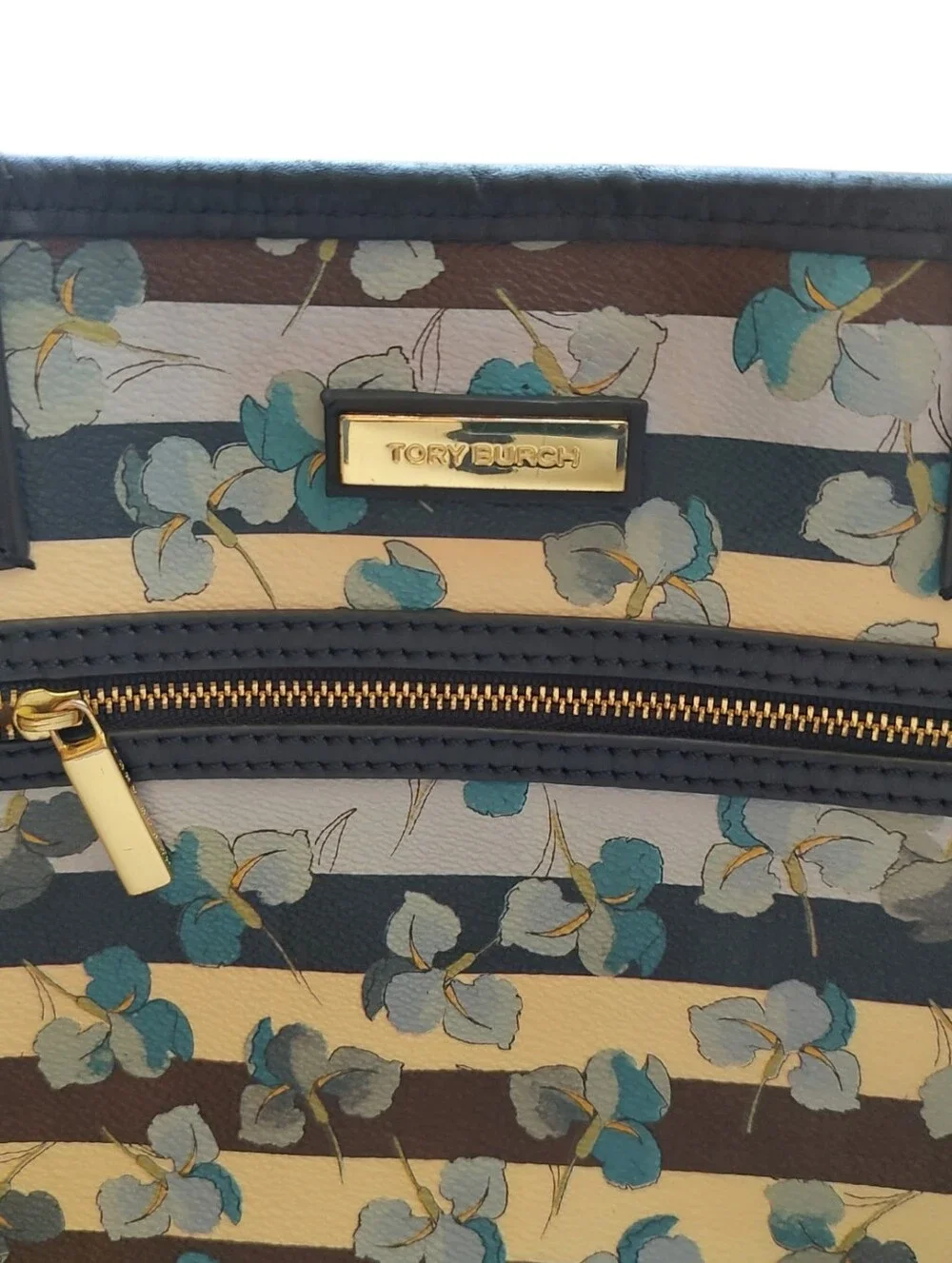 Tory Burch Navy Floral Stripe Large Tote with Gold Logo